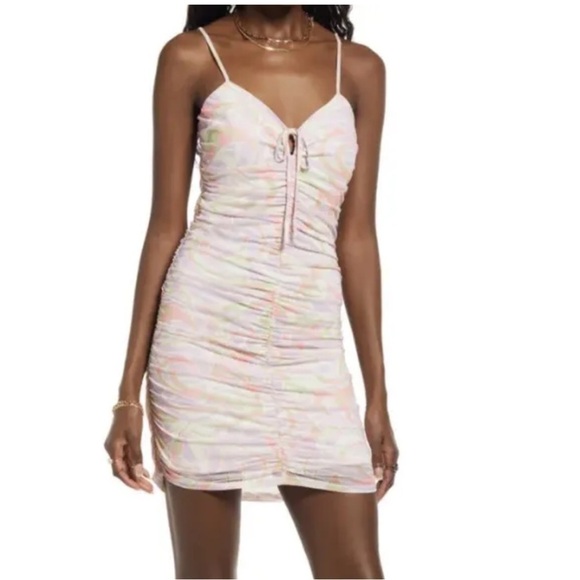 BP Slip Dress Y2K Purple Cream Bodycon Size L Roxie Abstract Ruched Tie Front - Picture 1 of 12